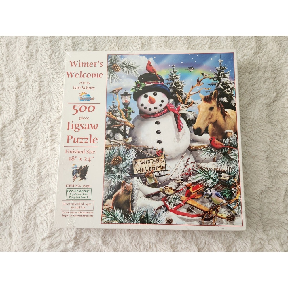 SunsOut Winter's Welcome Jigsaw Puzzle 500 Piece Lori Schory Snowman New Sealed